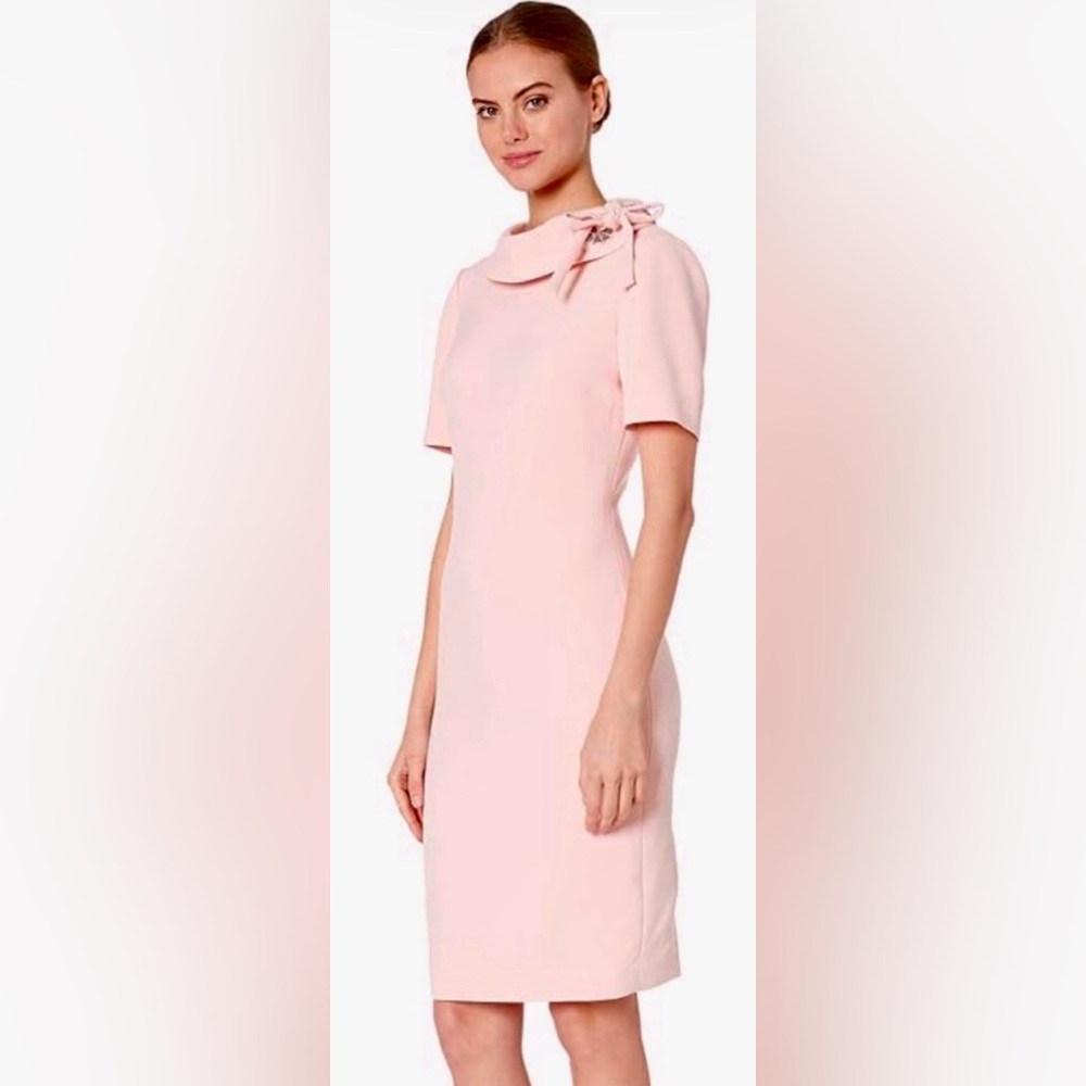 Badgley Mischka Tie Neck Embellished Folded Collar Short Sleeve Sheath Dress.